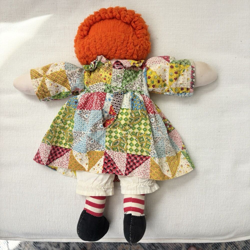 Vtg Raggedy Ann Doll Handmade Folk Art Button Eyes Embroidered Patchwork Kitsch - Picture 5 of 10